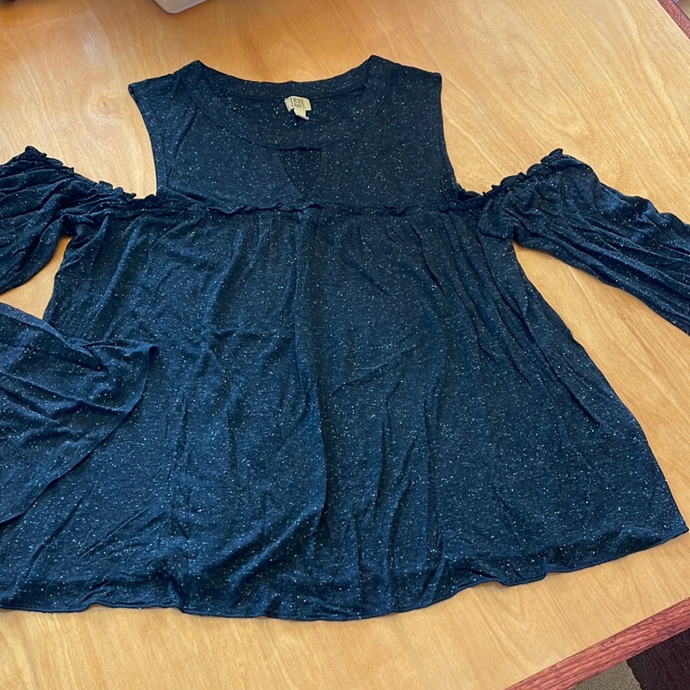 True Craft black cold shoulder top with bell sleeve